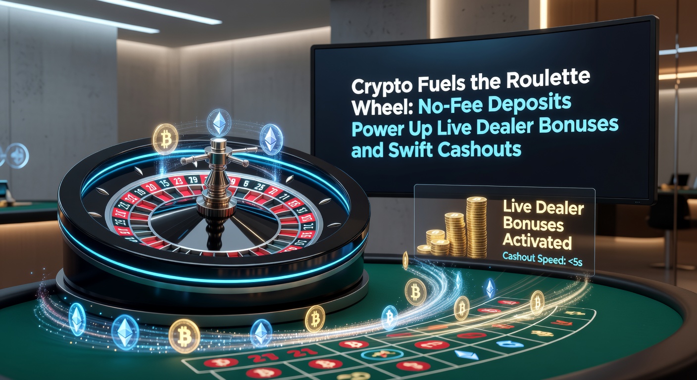Vibrant roulette wheel spinning with cryptocurrency symbols overlayed, highlighting digital deposits and live dealer action