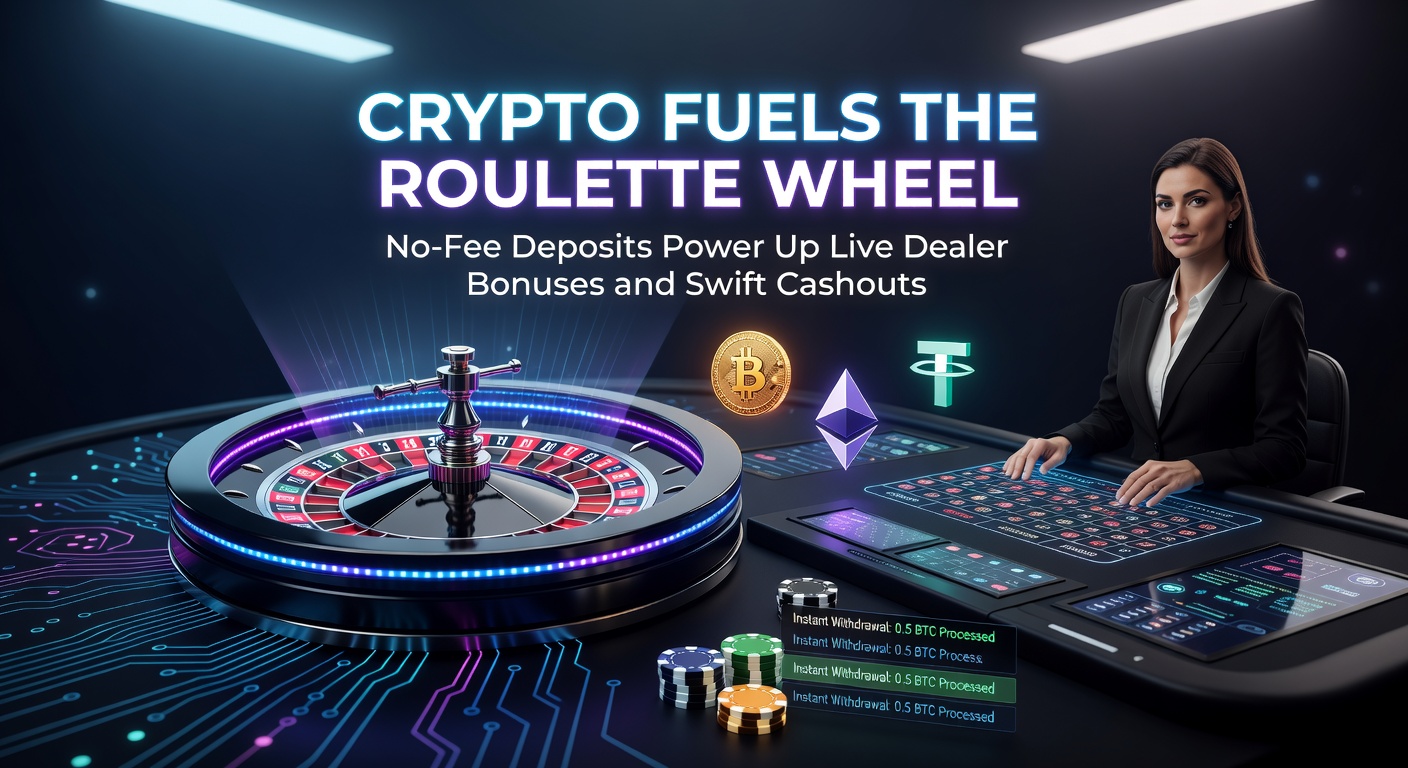 Live dealer at a high-tech roulette table accepting crypto deposits, with bonus icons and instant cashout buttons visible on screen
