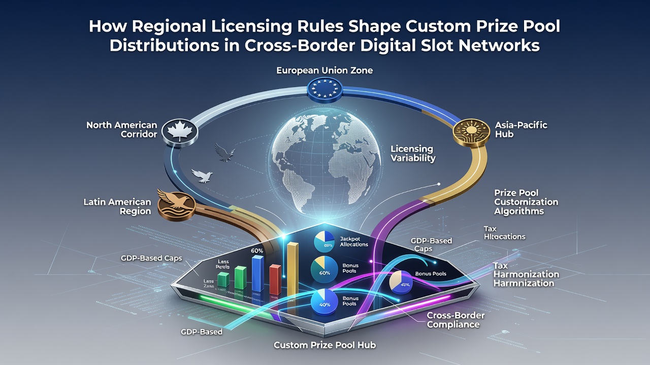 Digital slot network interface showing regional prize pool allocations across multiple licensed jurisdictions