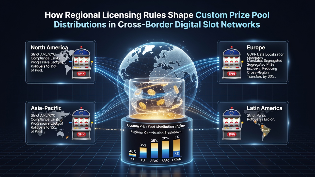 Network architecture diagram illustrating segregated prize pools linked to regional licensing databases