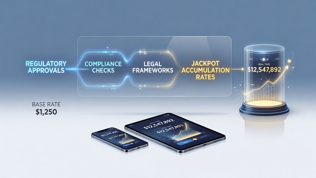 Mobile device displaying approved jackpot meters alongside regulatory compliance seals