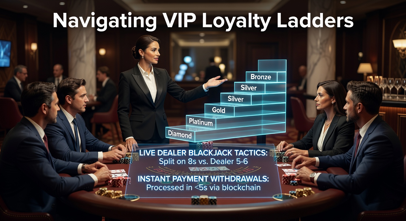 A sleek graphic of a glowing VIP loyalty ladder rising through casino tiers, with blackjack tables and instant cash icons at each level