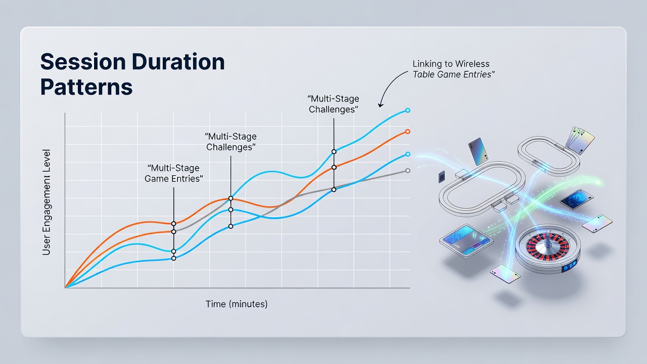 Mobile interface screenshot illustrating multi-stage challenge progression flowing into wireless table game lobby