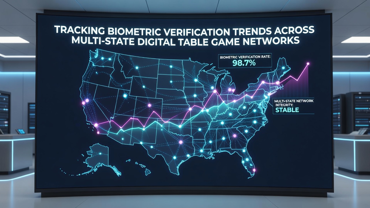 Network diagram illustrating data flow between state servers and biometric verification hubs for digital table games